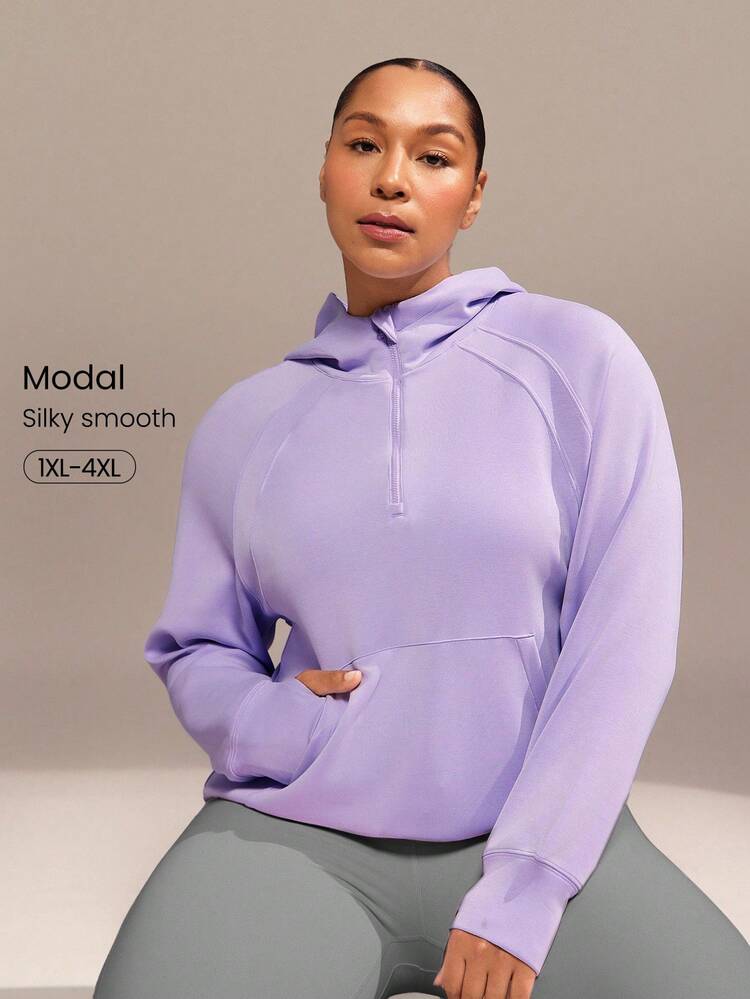 Sudadera con capucha de manga larga con media cremallera, bolsillo y ojales para el pulgar, de modal suave y sedoso, de talla grande, para uso diario y casual