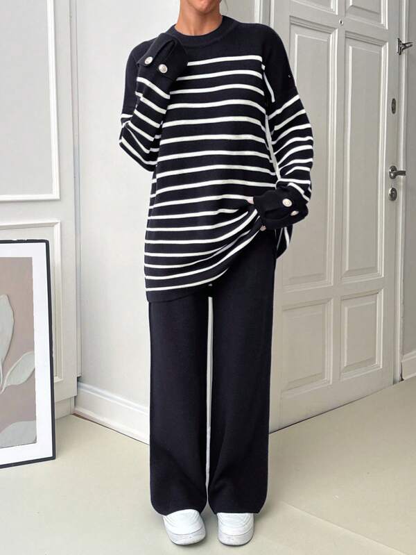 EURMUSE Women Stripe Pattern Round Neck Drop Shoulder Pullover & Sweater Pants Set