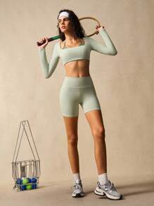 VARSIVA 女士健身套装 女士撞色拼布短款上衣和短裤 运动套装两件套运动套装 长袖瑜伽套装 - 彩色 - 查看 9