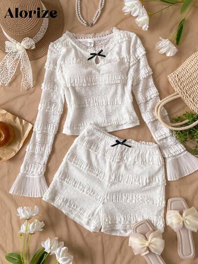 2pcs/Set Elegant Lace Trim Ruffle Sleeve Pullover Top & Shorts Set For Teen Girl Suitable For Autumn Party & Gathering