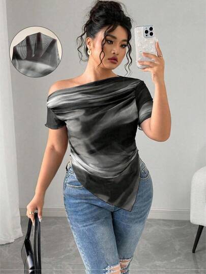 Elenzga 大码艺术渐变网格肩部度假优雅印花衬衫