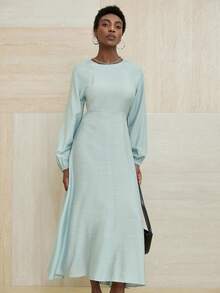 Aveloria Modichic 秋季钛绿色长裙，圆领长袖，收腰设计，优雅的艺术画廊漫步和日常休闲装 - 綠色 - 查看 1