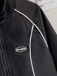 Sparklyn Tween 女孩休闲弹性袖口和下摆夹克风衣，梭织面料，手感舒适，撞色饰边，正面图案，宽松版型，适合春季、夏季、秋季、日常、通勤、户外、派对、拍照 - 黑色 - 查看 5