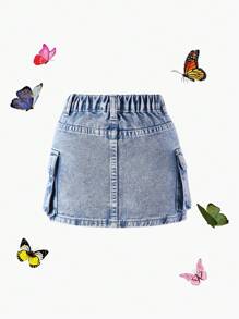 SHEIN Elladie kids 休闲宽松极简迷彩印花多口袋女童牛仔裙 - 淺色水洗藍 - 查看 2