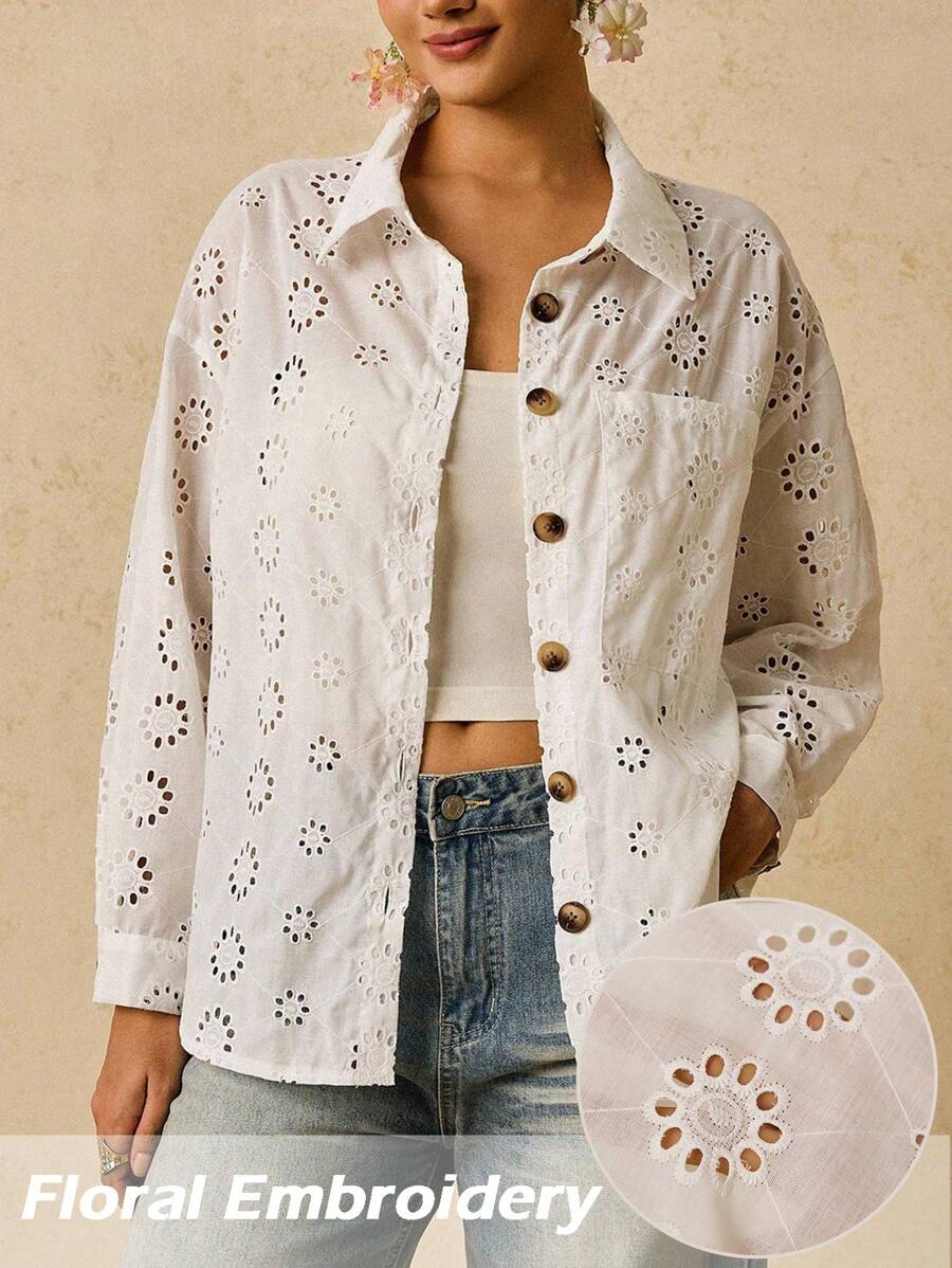 SHEIN VCAY 大码女式白色镂空刺绣口袋长袖休闲衬衫,适合秋季外出和日常穿着 - 白色 - 查看 1