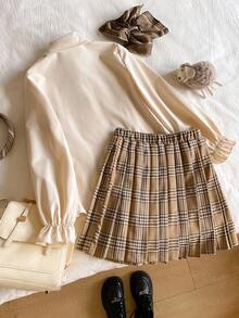 Sparklyn Tween Girl Ruffle Patchwork Long Sleeve Button-Up Shirt And Plaid Pleated Mini Skirt Casual Outfit Fall Winter Clothes - White - View 2