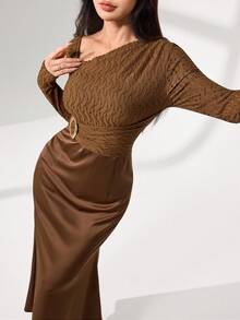 Modelyn Asymmetrical Knit Texture Patchwork Satin With Metal Buckle Elegant Dress Fall Cloth For Women - Brown - View 2