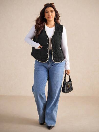 Elaquor 大码女式休闲简约贝壳边绗缝黑色夹克，秋冬