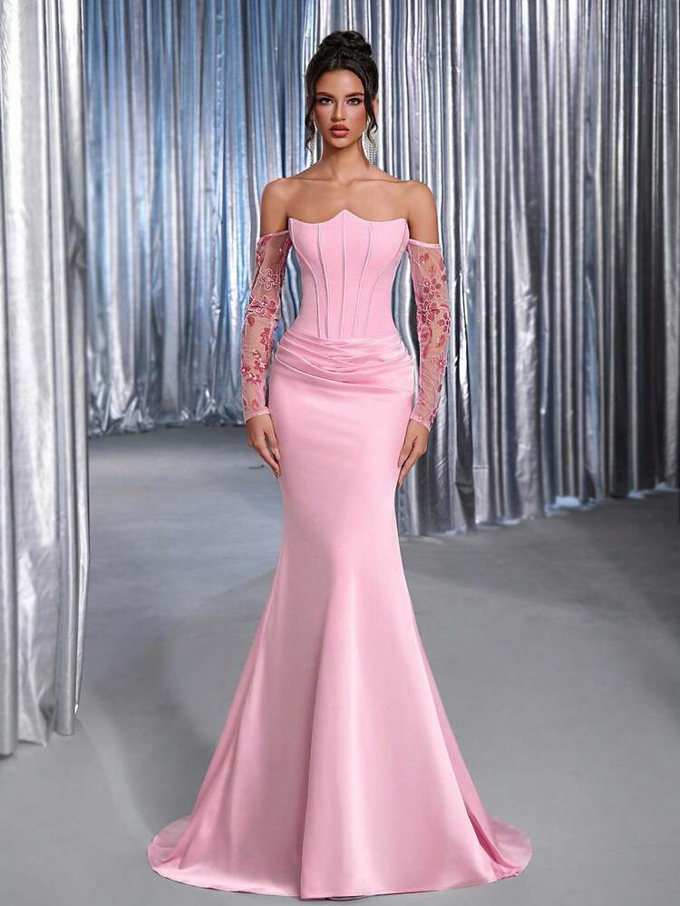 formal tulle dress Gray off shoulder long prom dress, gray tulle CORDIALLY INVITED DROP 5 Amanda Uprichard Bowery Dress _ inch/cm Color:BLACK PATENT