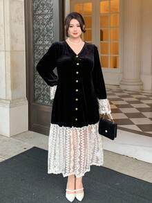 Dazy Plus Christmas Plus Size Women's V-Neck Velvet & Lace Patchwork Flare Sleeve Bodycon Party Dress, Spring/Autumn