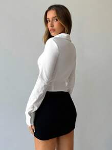 Aloruh Women's Autumn/Winter New Office/Commuting Daily Pointed Hem Chest Ruched Stand Collar Single-Breasted Slim Fit Long Sleeve White Shirt