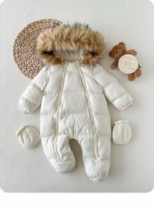 新生女宝宝可爱保暖连帽连体衣配手套，秋冬季 - 杏色 - 查看 6