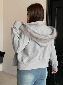 Dazy Plus Jachetă sport casual cu glugă, model brodat, cu guler din blană artificială, crop, model patchwork, pentru femei, mărime mare, primăvară/toamnă