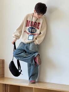 DAZY Tween Boy Loose Casual Letter Print Fleece Sweatshirt, Autumn, Winter