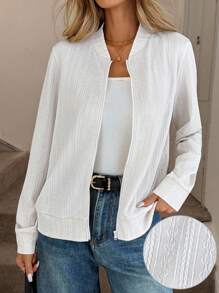 Easowa 杏色纹理面料拉链女夹克，秋季 - 杏色 - 查看 2