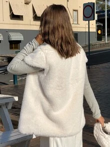 DAZY 女式毛茸茸系带无袖宽松蓬松夹克秋冬仿皮草大衣 - 米色 - 查看 6