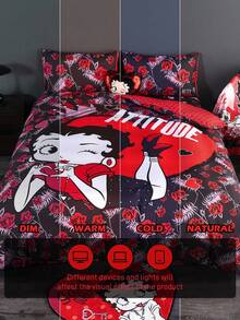 Betty Boop x SHEIN 3件套双面字母和数字图案被套，适用于单人床/双人床/大号床/特大号床，宿舍/家居，礼品之选，派对，节日，情人节