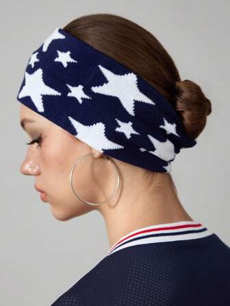 Grunge Punk 2 piezas Diadema ancha de punto con estampado de bandera estadounidense, adecuada para niñas, fitness, deportes, baile callejero, festivales de música