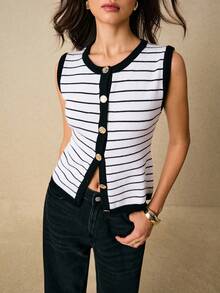 Poéselle 女士休闲日常条纹前开襟圆领撞色滚边毛衣背心，女士冬季毛衣，新年，派对，休闲毛衣，秋冬季女士，女士休闲，老钱，优雅女士，秋冬 - 黑與白 - 查看 5