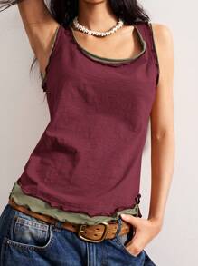 Bohemela Camiseta sin mangas de mujer de punto informal con cuello redondo y parches - Rojo - Ver 6
