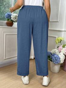 EMERY ROSE 大码女式纯棉弹力腰带口袋休闲翻领裤 - 水鴨藍 - 查看 2