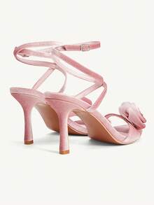 CUCCOO CHICEST 粉色韩版天鹅绒玫瑰花朵绑带时尚优雅派对婚礼正式圆头高跟凉鞋 - 藕粉色 - 查看 10