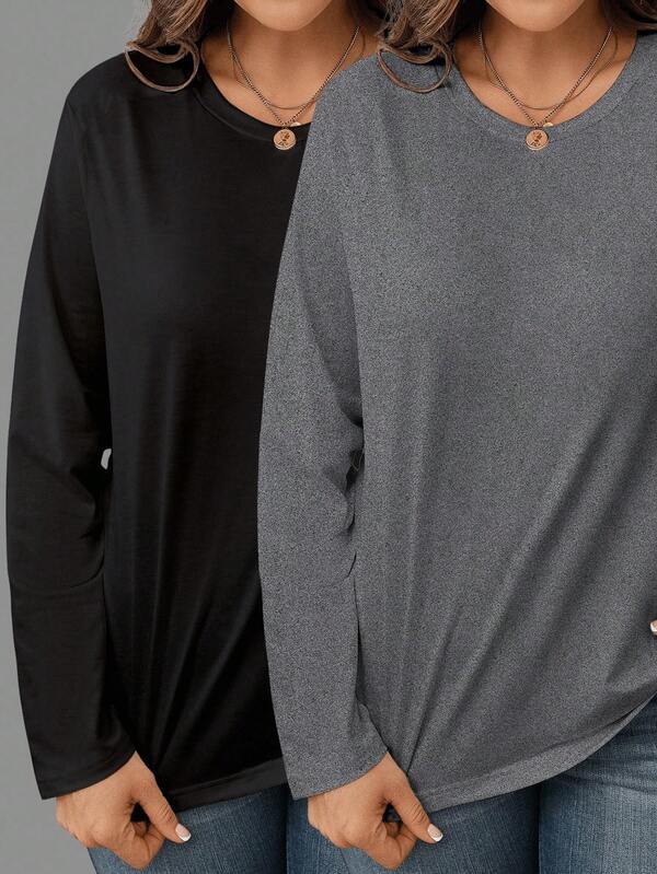 EMERY ROSE Plus Size Basic Solid Color Round Neck Long Sleeve T-Shirt Fall Cloth For Women