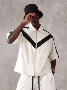 SUMWON 设计师运动套装都市街头风格短袖拉链运动夹克搭配短裤运动跑步篮球夏季宽松版型 - 白色 - 查看 3