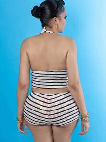 Melissa Matos 2件套低胸系带超低腰条纹迷你短裤 - 黑與白 - 查看 2