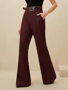 Anewsta 时尚高腰裤，配金属扣腰带，适合通勤，优雅，别致，秋冬，新年，勃艮第酒红色 - 中紫紅色 - 查看 6