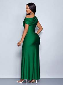 SOLERSUN 夏季女士婚礼派对优雅杏色针织亮面面料不对称露肩无袖拼接收腰修身鱼尾裙摆长裙 - 墨綠色 - 查看 2