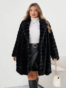 SHEIN CURVE+ 大码纯色蓬松长袖外套，秋冬圣诞派对女式外套，时尚日常穿着，办公穿着，复古富贵，日常休闲假日仿皮草外套 - 黑色 - 查看 7