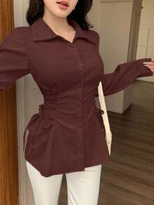 Modelyn 女士休闲日常通勤简约时尚百搭纯色系腰长袖衬衫，春秋季女士优雅衬衫棕色衬衫紧身胸衣衬衫修身衬衫系带衬衫 - 紅色 - 查看 4