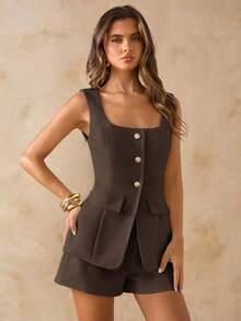 SHEIN BAE Spring/Summer White & Apricot Square Neck Sleeveless Vest & White Mini Skirt Two Pieces Set, Suitable For Beach, Vacation, Brunch, Wedding Guest, Suit Two Pieces, White Two Pieces - Coffee Brown - View 6