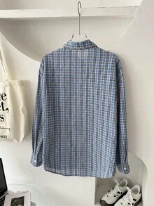 青少年女孩休闲宽松复古学院风长袖衬衫（蓝白配色），返校季 - 藍色 - 查看 6