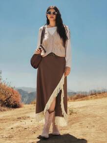 SHEIN VCAY Gonna avvolgente casual vintage con decorazione a nappine, taglie comode - Castano - Visualizzare 4