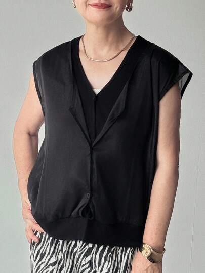 FRIFUL Women V-Neck Mesh Patchwork Loose Sleeveless Vest Shirt, Autumn