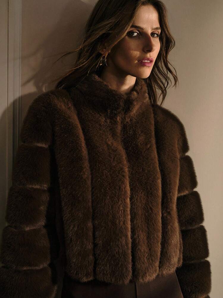 STAND COLLAR FAUX FUR COAT, FALL WINTER