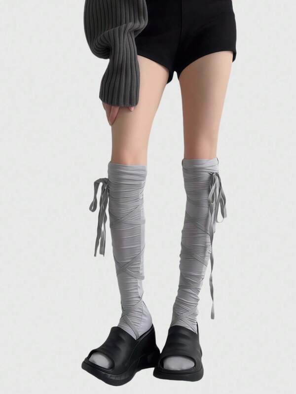 ROMWE Anime Y2K Punk Style Asymmetrical Leg Socks With Criss-Cross Straps Over-The-Knee Socks, Solid Color Adjustable Women Long Tube Socks, Suitable For Outing, Dating, Campus, Music Festivals, Etc.
