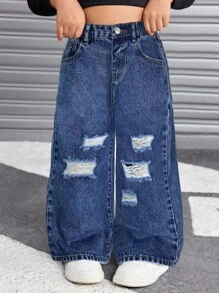 SHEIN 年轻女孩 Y2K 休闲蓝色破洞宽松牛仔裤，女童春夏休闲度假流浪汉牛仔裤 - 深色水洗藍 - 查看 3