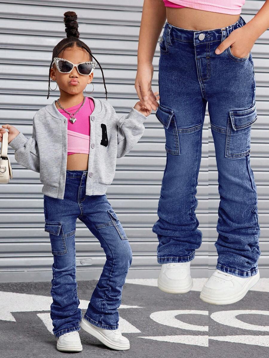 SHEIN SLAYR Young Girl Young Girl Blue Denim Elastic Ruched Jeans Fall Winter - Dark Wash - View 1