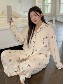 Dazy Plus 2pcs Floral Bow Print Loose Fit Pajama Set, Plus Size Women Autumn Sleepwear, Fall Winter Clothes, Cozy Outfits