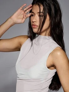 MISSGUIDED 无袖立领高领上衣分层外观半透明网眼设计修身背心吊带夏季时尚休闲街头服饰基本款 - 白色 - 查看 3