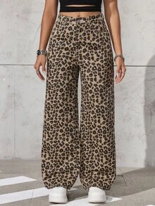 EMERY ROSE Women's Leopard Print Pocket Wide Leg Loose Casual Jeans Pants - Multicolor - View 5