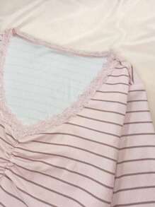 INAWLY Maglietta a maniche lunghe da donna elegante, casual e carina, con mix di righe e pizzo, adatta allo streetwear