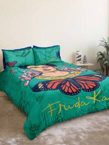 Frida Kahlo X SHEIN Juego de ropa de cama de 3 piezas con estampado de flores y mariposas verdes, de tela suave y transpirable, se ajusta a varios tamaños de cama para decoración del dormitorio