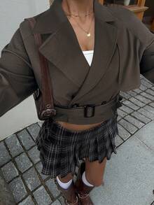 Muchica Áo khoác trench coat hai hàng khuy trơn màu đơn giản dành cho nữ mùa thu/đông - màu nâu - Xem 3