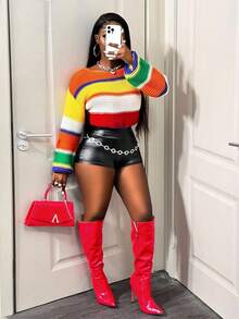 BamGleam 女士彩色条纹圆领短款休闲宽松性感针织毛衣