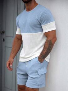 Manfinity Homme 2件套男士撞色圆领短袖T恤和纯色短裤套装两件套男士蓝色 - 彩色 - 查看 1