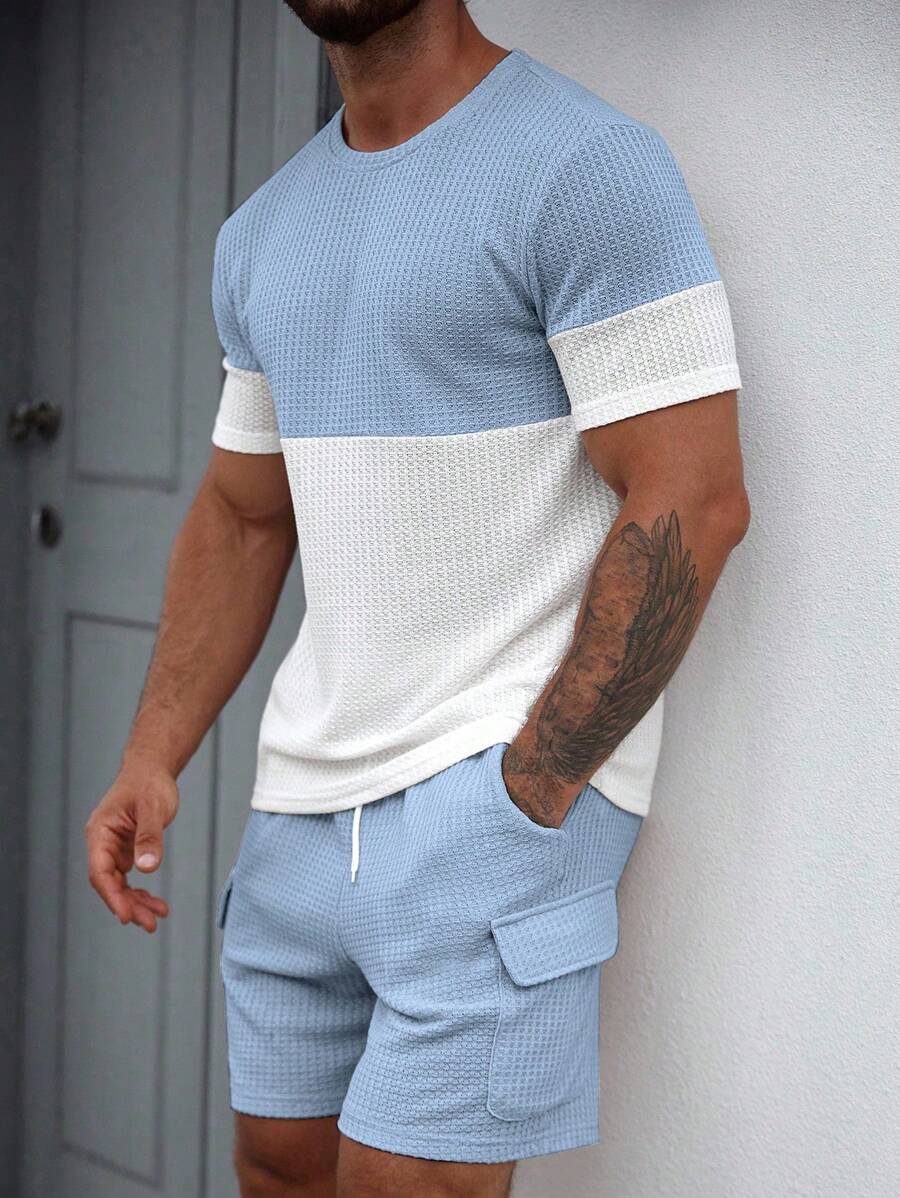 Manfinity Homme 2件套男士撞色圆领短袖T恤和纯色短裤套装两件套男士蓝色 - 彩色 - 查看 1